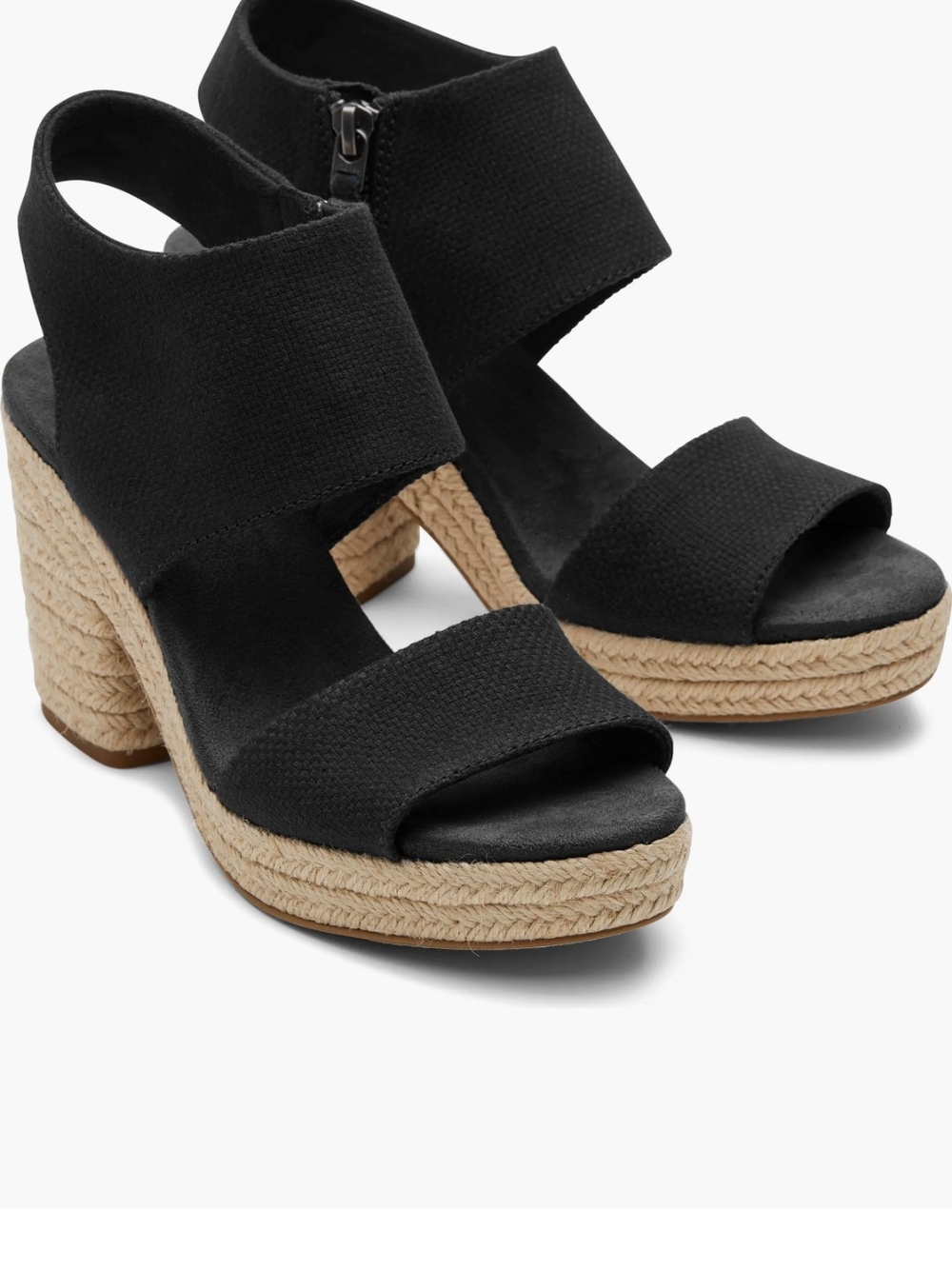 Toms Black Zip Majorca Platform Wedge Sandals with Black Basket Weave